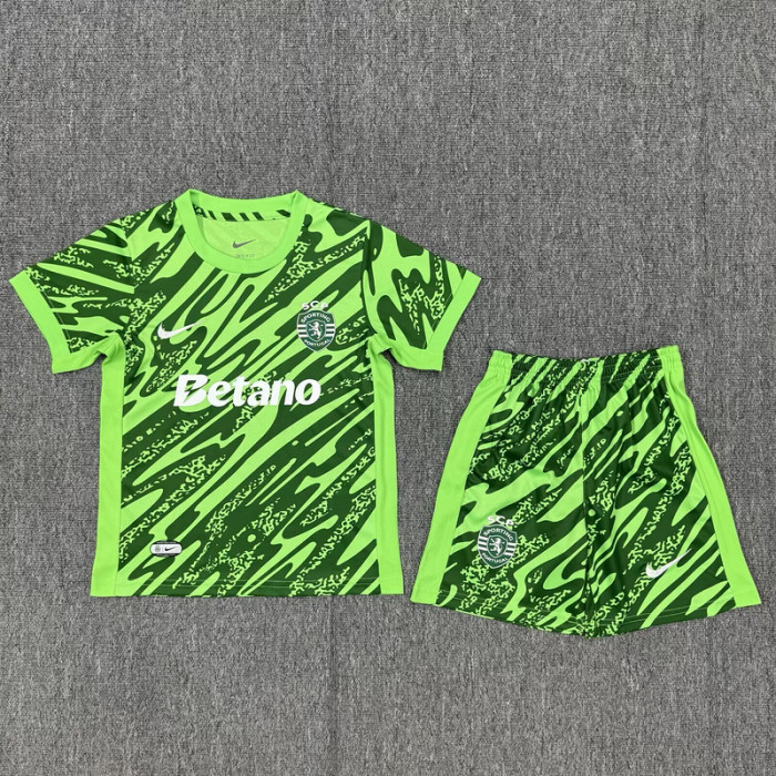 Youth Uniform Kids Kit 2025-2026 Sporting Lisbon Green Goalkeeper Soccer Jersey Shorts Child Football Set