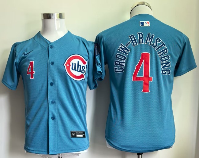 Youth 2025 Chicago Cubs CROW-ARMSTRONG 4 Light Blue Cool Base Jersey MLB Shirt