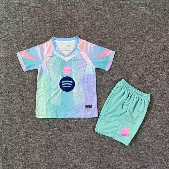 Youth Uniform Kids Kit 2025-2026 Barcelona Light Green Soccer Jersey Shorts Child Football Set