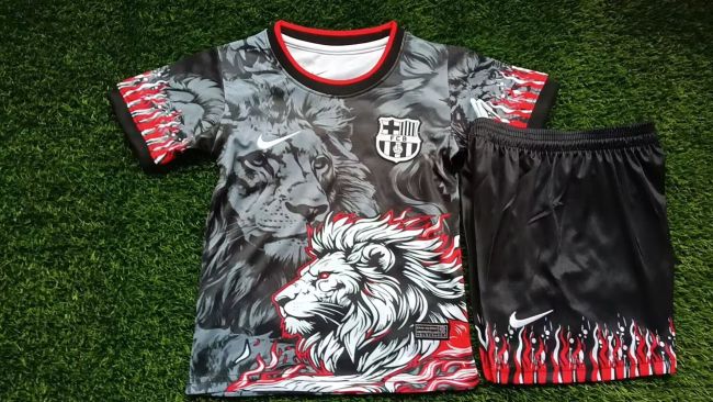 Youth Uniform Kids Kit 2025-2026 Barcelona Black/Grey Lion Version Soccer Jersey Shorts Child Football Set