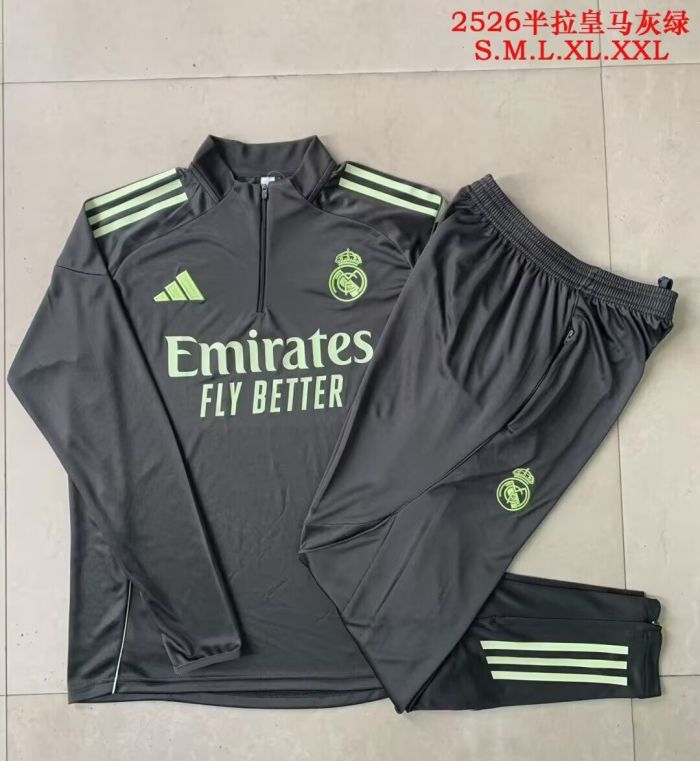 2025-2026 Real Madrid Grey/Green Soccer Training Sweater and Pants Football Kit