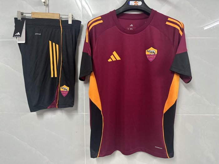 Adult Uniform 2025-2026 As Roma Dark Red Soccer Training Shirt and Shorts Football Set