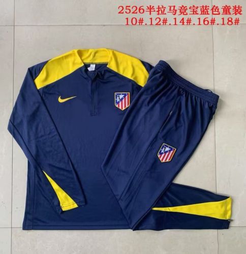 Youth 2025-2026 Atletico Madrid Dark Blue/Yellow Soccer Training Sweater and Pants Football Kit