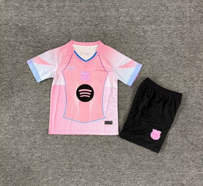Youth Uniform Kids Kit 2025-2026 Barcelona Pink Soccer Jersey Shorts Child Football Set