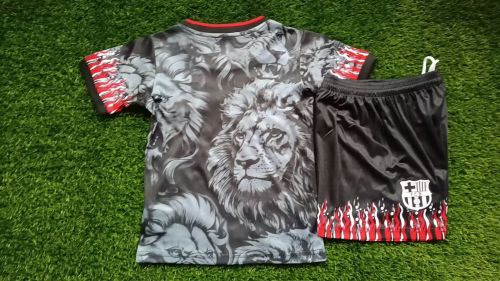 Youth Uniform Kids Kit 2025-2026 Barcelona Black/Grey Lion Version Soccer Jersey Shorts Child Football Set