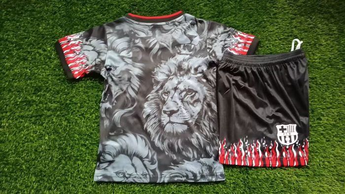 Youth Uniform Kids Kit 2025-2026 Barcelona Black/Grey Lion Version Soccer Jersey Shorts Child Football Set