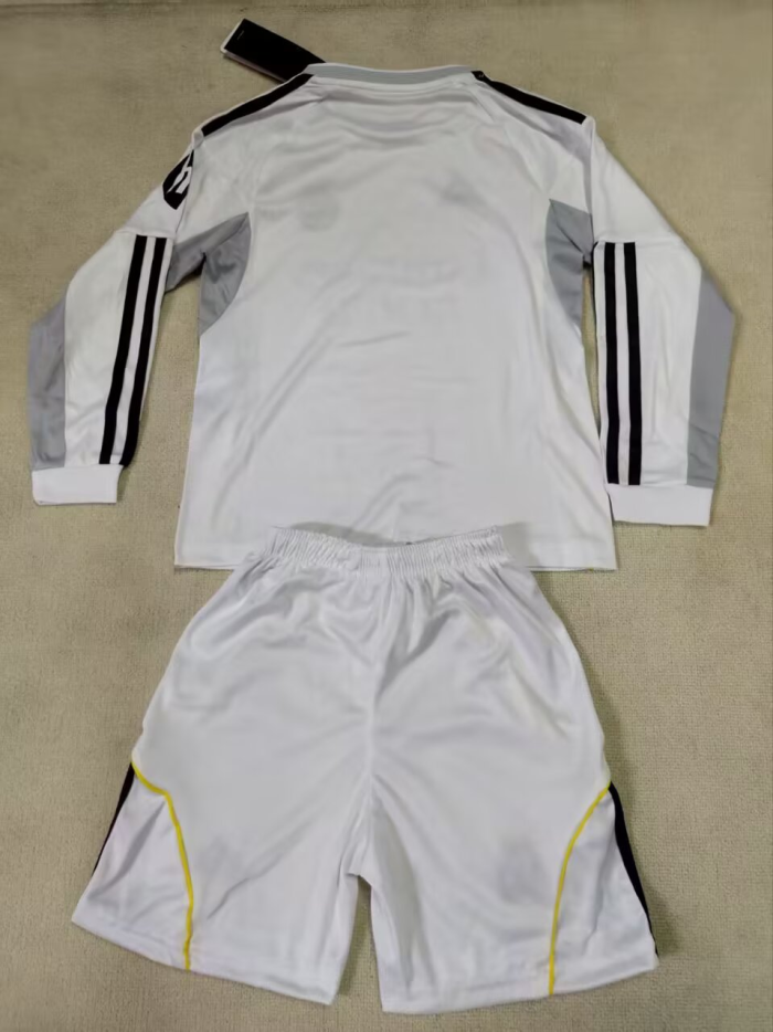 Long Sleeve Youth Uniform Kids Kit 2025-2026 Real Madrid Home Soccer Jersey Shorts Child Football Set
