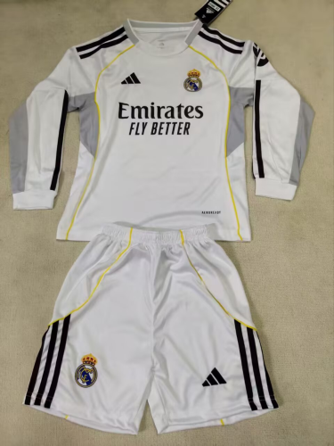 Long Sleeve Youth Uniform Kids Kit 2025-2026 Real Madrid Home Soccer Jersey Shorts Child Football Set