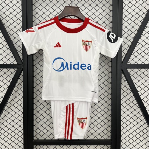 with Sponor Logo+Laliga Patch Youth Uniform Kids Kit Sevilla 2025-2026 Home Soccer Jersey Shorts Child Football Set