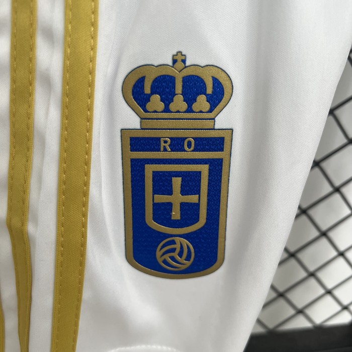 with LALIGA Patch Youth Uniform Kids Kit 2025-2026 Real Oviedo Home Soccer Jersey Shorts Child Football Set