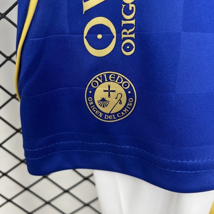 with LALIGA Patch Youth Uniform Kids Kit 2025-2026 Real Oviedo Home Soccer Jersey Shorts Child Football Set