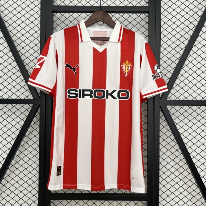 with LALIGA Patch Fans Version 2025-2026 Sporting Gijon Home Soccer Jersey Football Shirt