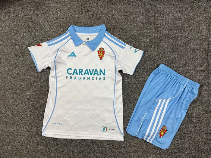 with LALIGA Patch Youth Uniform Kids Kit 2025-2026 Zaragoza Home Soccer Jersey Shorts Child Football Set