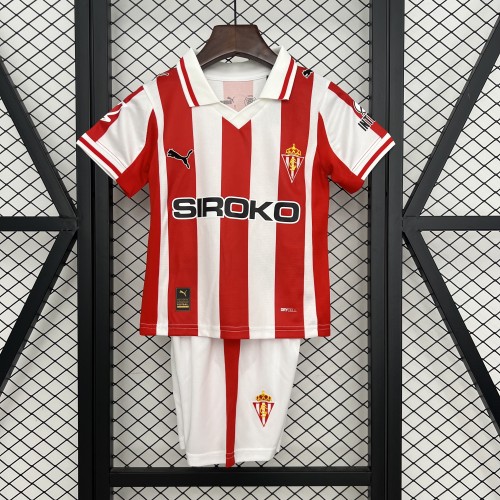 with LALIGA Patch Youth Uniform Kids Kit 2025-2026 Sporting Gijon Home Soccer Jersey Shorts Child Football Set