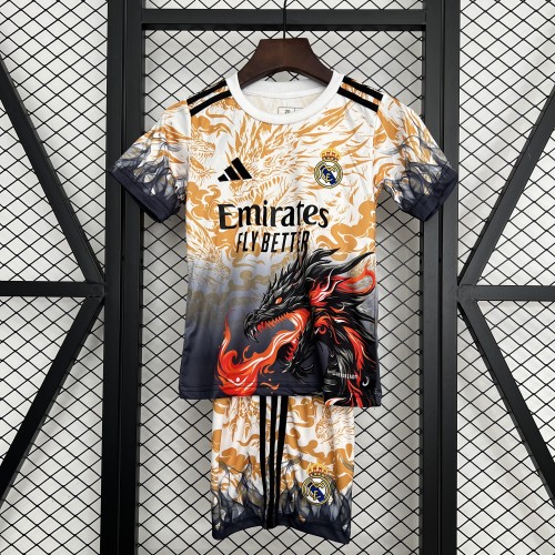 Youth Uniform Kids Kit 2025-2026 Real Madrid Gold/Black Dragon Soccer Jersey Shorts Child Football Set