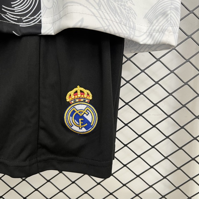Youth Uniform Kids Kit 2025-2026 Real Madrid Black/White Dragon Soccer Jersey Shorts Child Football Set