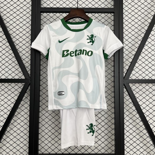 Youth Uniform Kids Kit 2025-2026 Sporting Lisbon Away White Soccer Jersey Shorts Child Football Set