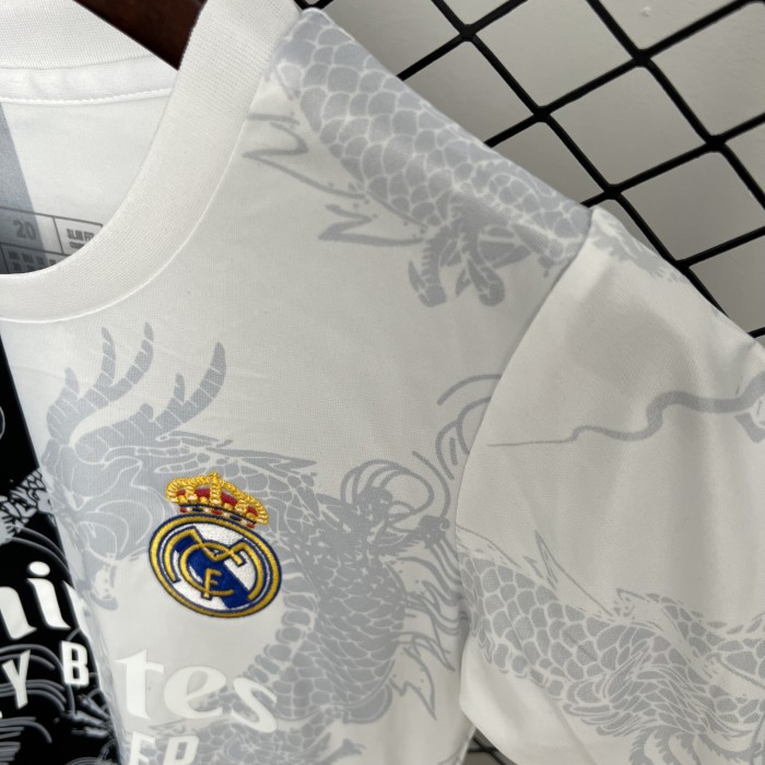 Youth Uniform Kids Kit 2025-2026 Real Madrid Black/White Dragon Soccer Jersey Shorts Child Football Set