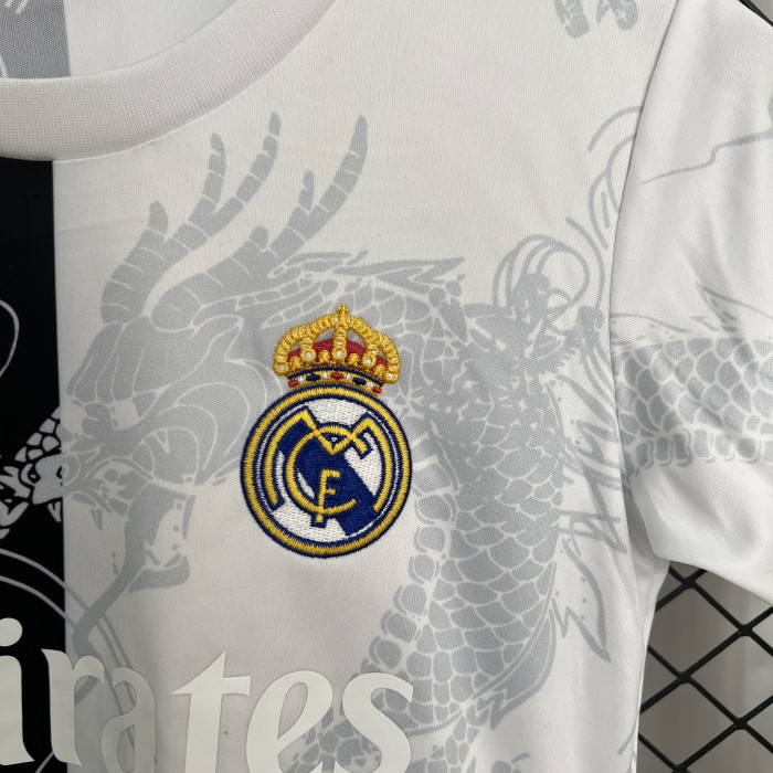 Youth Uniform Kids Kit 2025-2026 Real Madrid Black/White Dragon Soccer Jersey Shorts Child Football Set