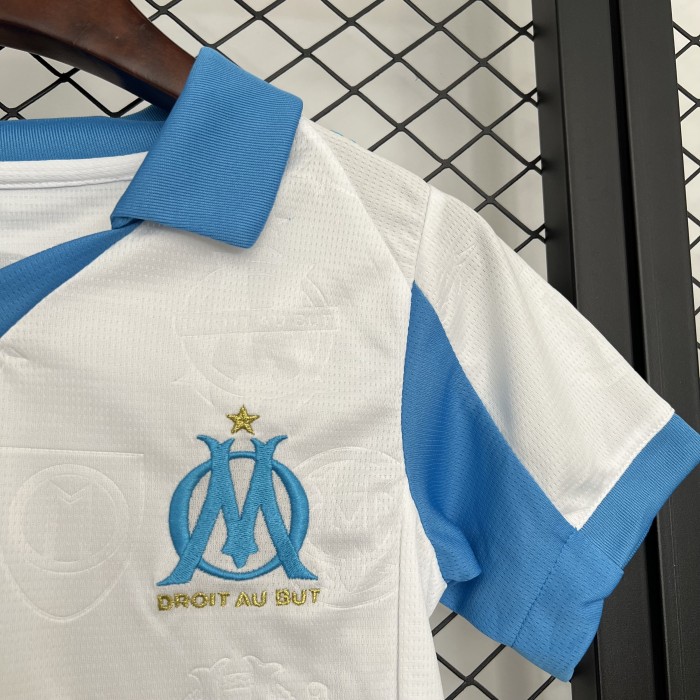 Youth Uniform Kids Kit 2025-2026 Marseille Home Soccer Jersey Shorts Child Football Set