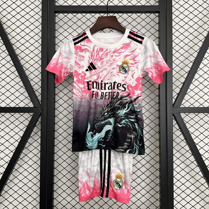 Youth Uniform Kids Kit 2025-2026 Real Madrid Pink/Black Dragon Soccer Jersey Shorts Child Football Set