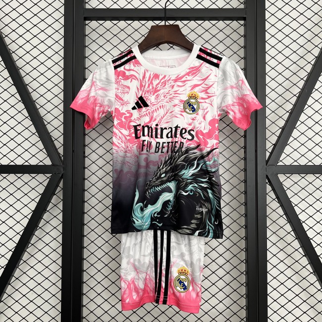 Youth Uniform Kids Kit 2025-2026 Real Madrid Pink/Black Dragon Soccer Jersey Shorts Child Football Set
