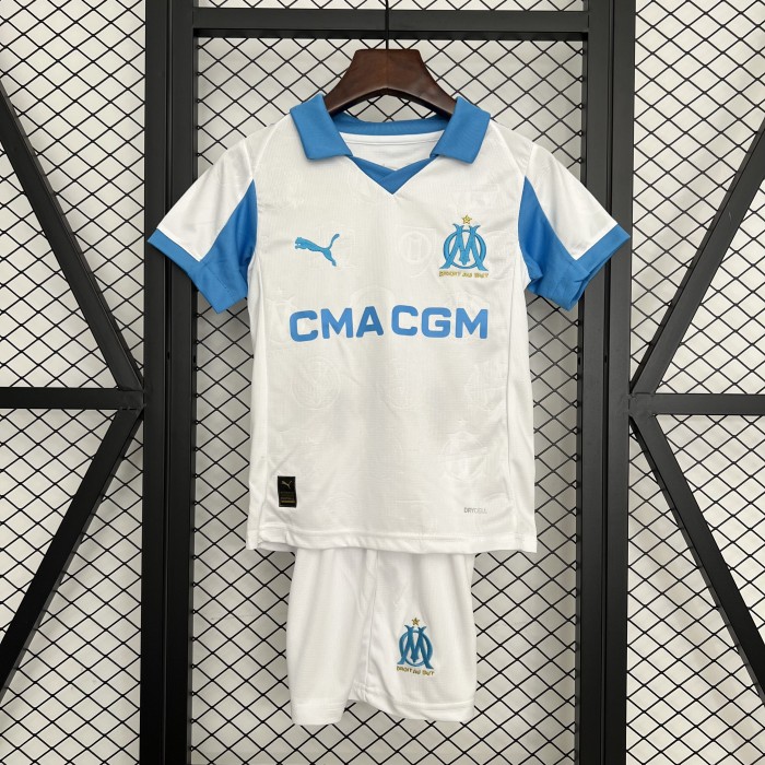 Youth Uniform Kids Kit 2025-2026 Marseille Home Soccer Jersey Shorts Child Football Set