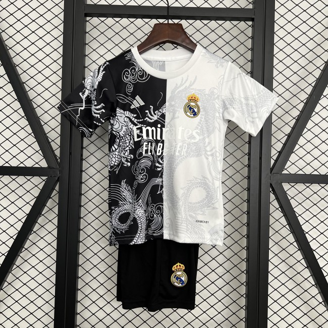Youth Uniform Kids Kit 2025-2026 Real Madrid Black/White Dragon Soccer Jersey Shorts Child Football Set