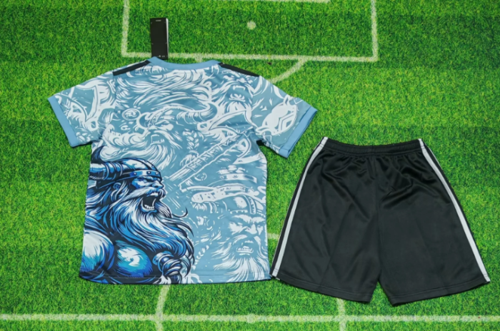 Youth Uniform Kids Kit 2025-2026 Real Madrid Blue Special Edition Soccer Jersey Shorts Child Football Set