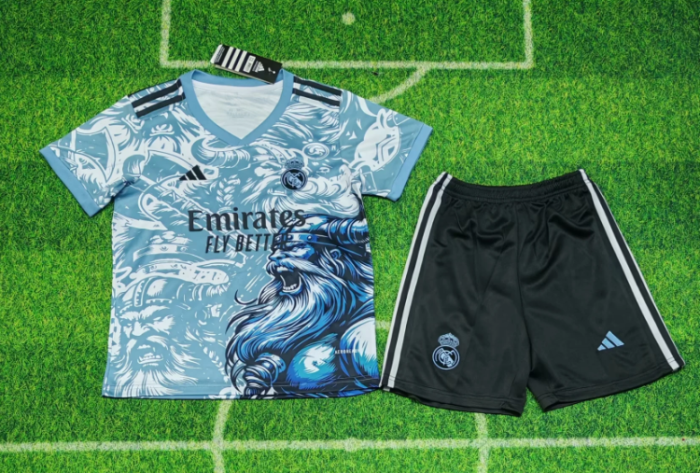 Youth Uniform Kids Kit 2025-2026 Real Madrid Blue Special Edition Soccer Jersey Shorts Child Football Set