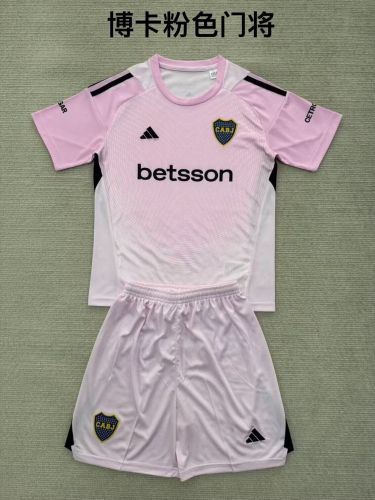 Youth Uniform Kids Kit 2025-2026 Boca Juniors Pink Goalkeeper Soccer Jersey Shorts Child Football Set