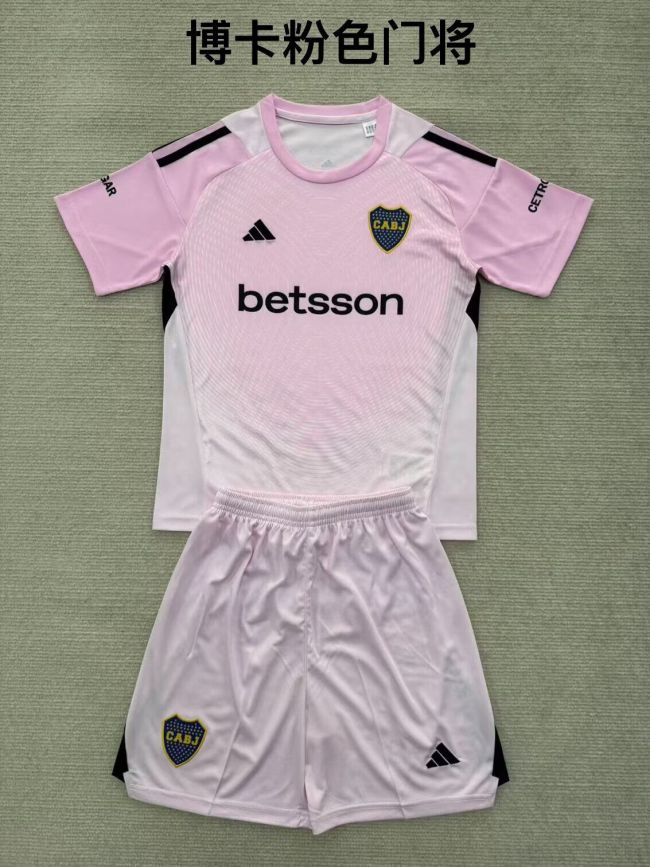 Youth Uniform Kids Kit 2025-2026 Boca Juniors Pink Goalkeeper Soccer Jersey Shorts Child Football Set