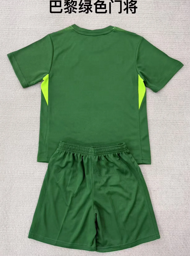 Youth Uniform Kids Kit PSG 2025-2026 Green Goalkeeper Soccer Jersey Shorts Paris Child Football Set