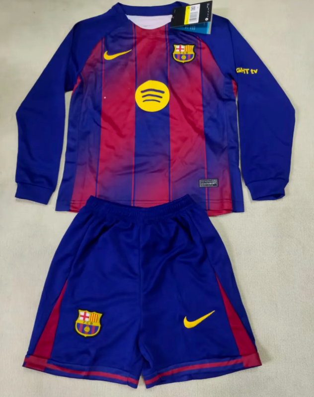Long Sleeve Youth Uniform Kids Kit 2025-2026 Barcelona Home Soccer Jersey Shorts Child Football Set