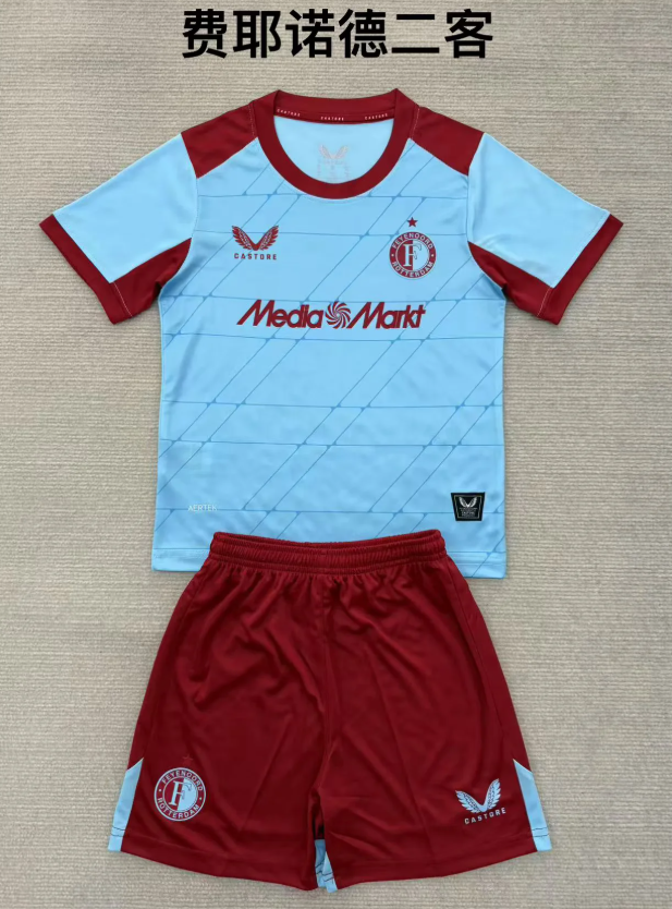 Youth Uniform Kids Kit 2025-2026 Feyenoord Rotterdam Third Away Blue/Red Soccer Jersey Shorts Child Football Set