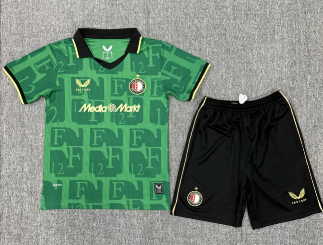 Youth Uniform Kids Kit 2025-2026 Feyenoord Rotterdam Fourth Away Green Soccer Jersey Shorts Child Football Set