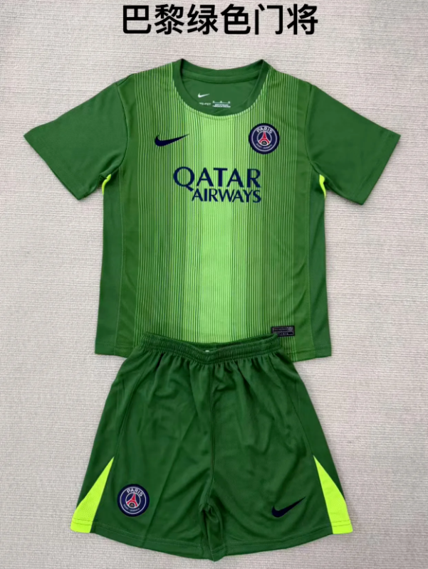 Youth Uniform Kids Kit PSG 2025-2026 Green Goalkeeper Soccer Jersey Shorts Paris Child Football Set