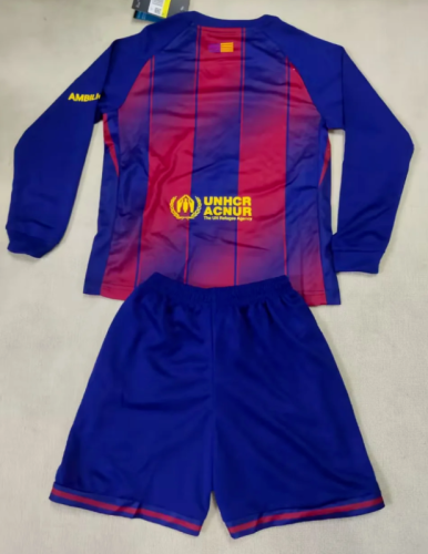 Long Sleeve Youth Uniform Kids Kit 2025-2026 Barcelona Home Soccer Jersey Shorts Child Football Set