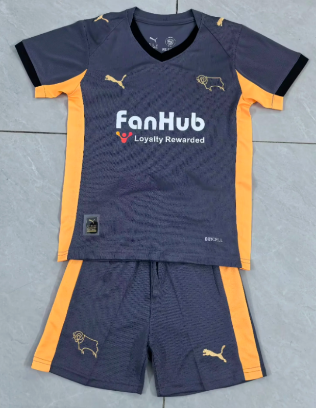 Youth Uniform Kids Kit 2025-2026 Derby County Away Soccer Jersey Shorts Child Football Set