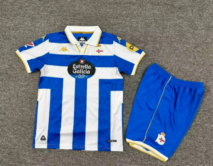 with LALIGA Patch Youth Uniform Kids Kit Deportivo La Coruna 2025-2026 Home Soccer Jersey Shorts Child Football Set
