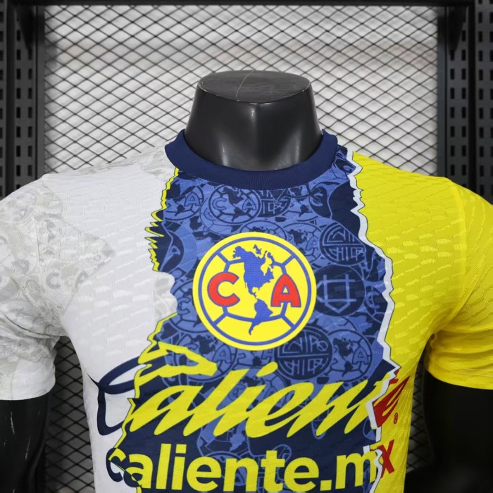 with Sponor Logo Player Version 2025-2026 Club America Aguilas White/Blue/Yellow Special Edition Soccer Jersey Football Shirt