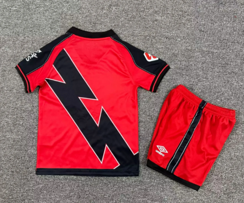 with LALIGA Patch Youth Uniform Kids Kit 2025-2026 Rayo Vallecano Away Red Soccer Jersey Shorts Child Football Set