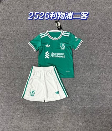 Youth Uniform Kids Kit 2025-2026 Liverpool Third Away Green Soccer Jersey Shorts Child Football Set