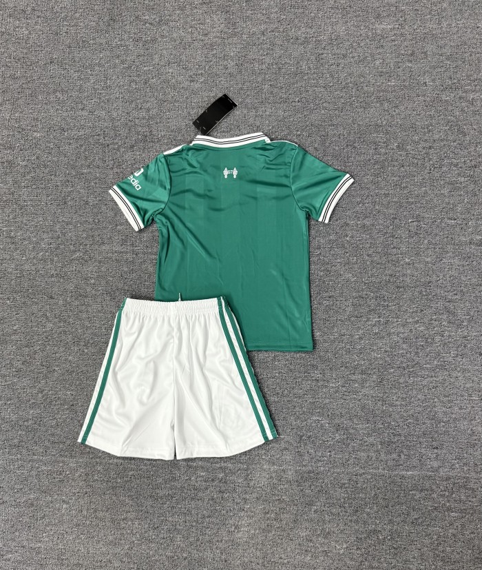 Youth Uniform Kids Kit 2025-2026 Liverpool Third Away Green Soccer Jersey Shorts Child Football Set