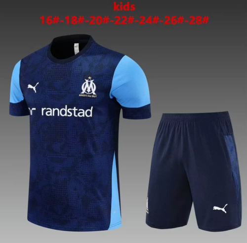 Youth Uniform Kids Kit 2025-2026 Marseille Blue Soccer Training Jersey Shorts Child Football Set