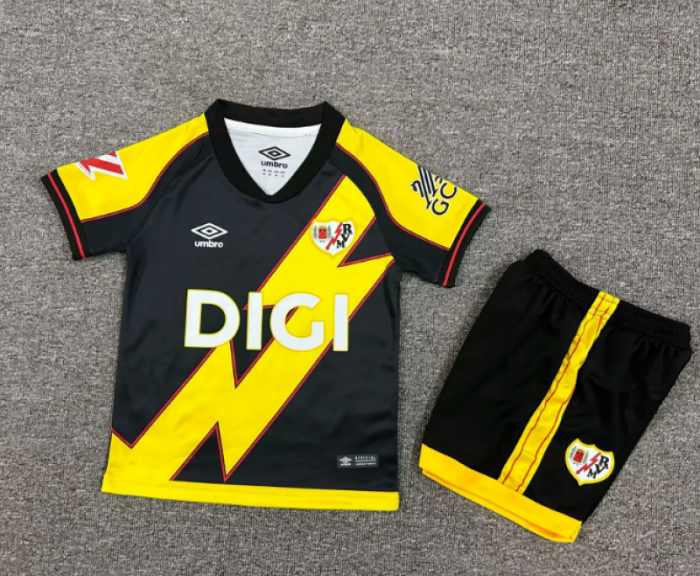 with LALIGA Patch Youth Uniform Kids Kit 2025-2026 Rayo Vallecano Third Away Yellow/Black Soccer Jersey Shorts Child Football Set