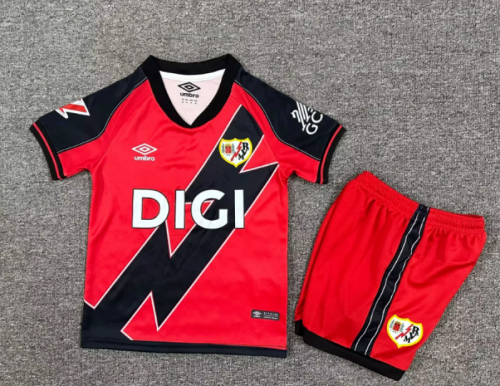 with LALIGA Patch Youth Uniform Kids Kit 2025-2026 Rayo Vallecano Away Red Soccer Jersey Shorts Child Football Set