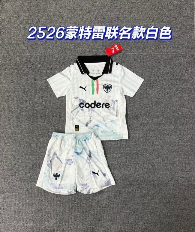 Youth Uniform Kids Kit Monterrey 2025-2026 White Soccer Jersey Shorts Child Football Set