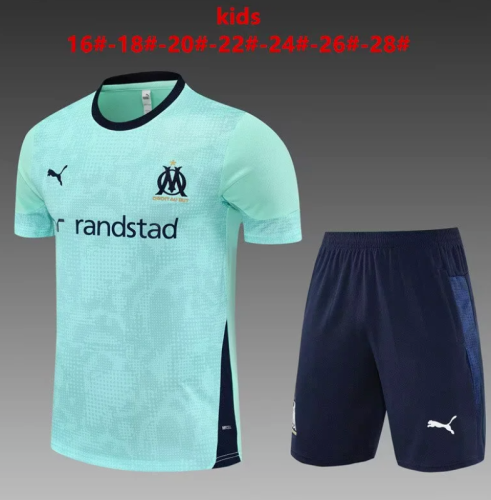 Youth Uniform Kids Kit 2025-2026 Marseille Light Blue Soccer Training Jersey Shorts Child Football Set