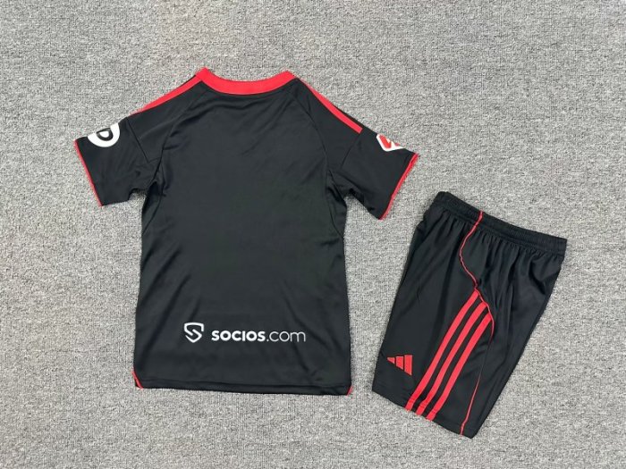 with Sponor Logo+Laliga Patch Youth Uniform Kids Kit Sevilla 2025-2026 Third Away Black Soccer Jersey Shorts Child Football Set